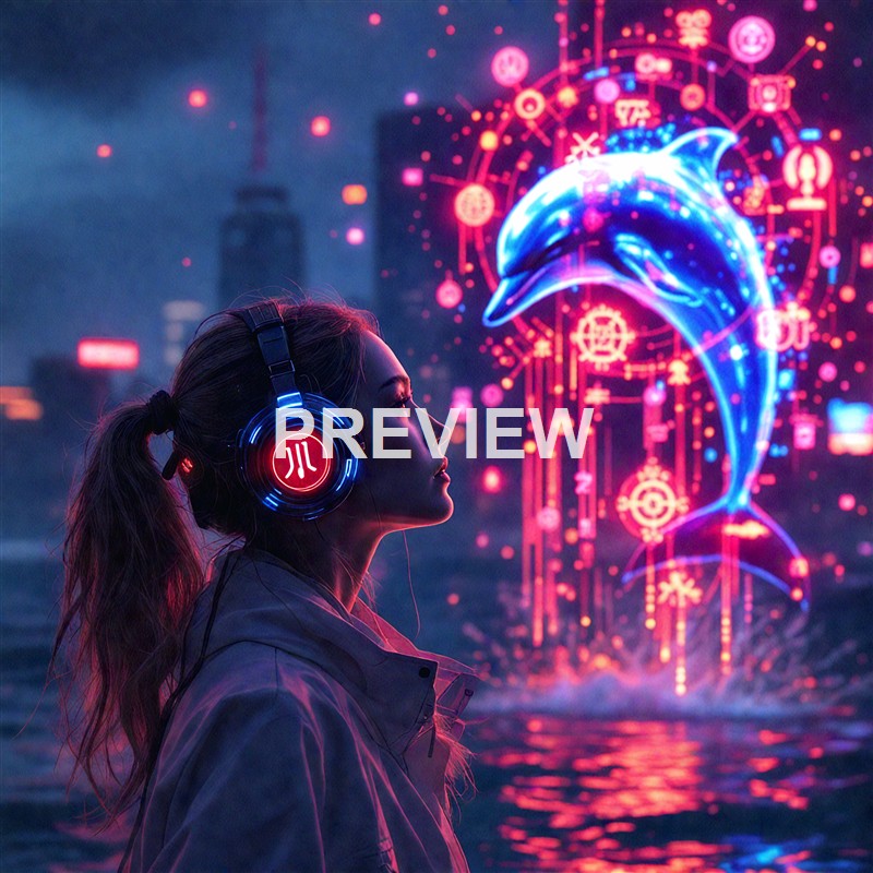 A woman wearing illuminated headphones gazes at a holographic dolphin and a digital display of symbols and patterns over a cityscape background at night.